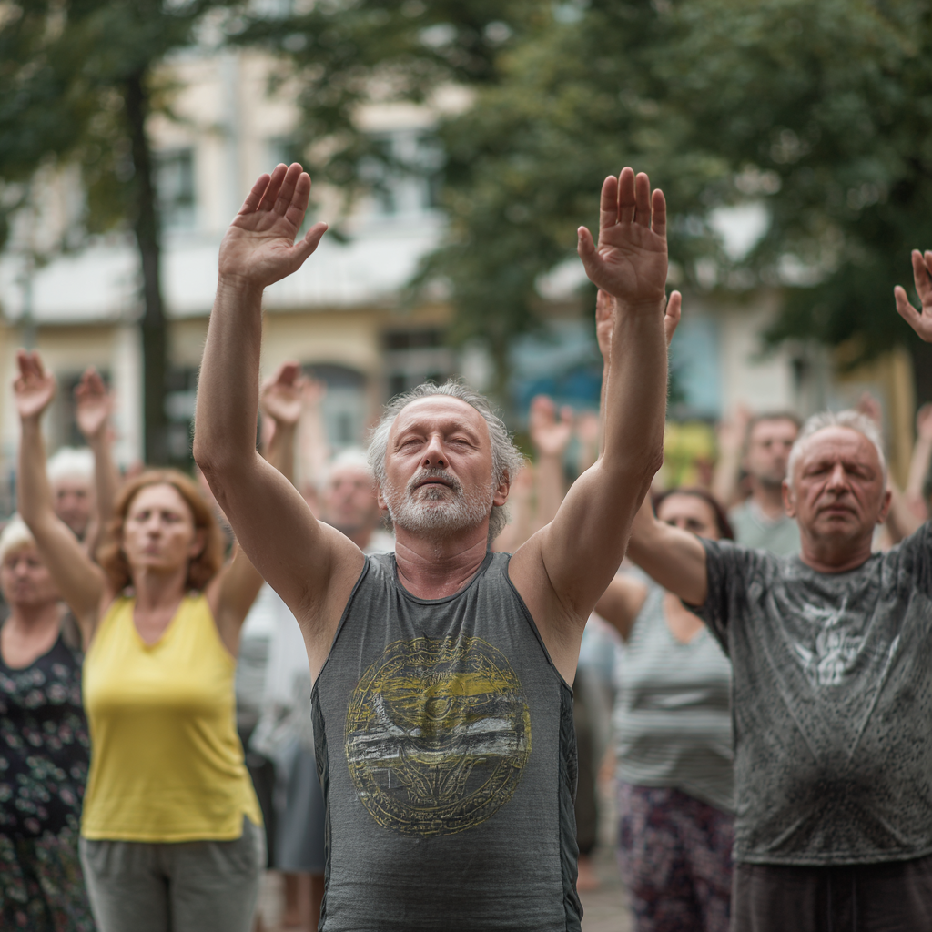 Group of enthusiastic Ukrainian adults in athletic wear celebrating after a successful workout session in a modern fitness facility, showing strength and determination