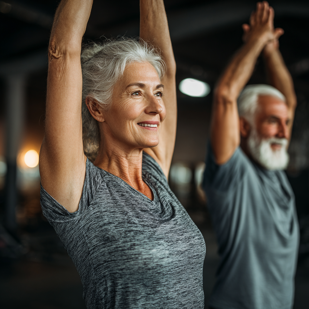 Happy Ukrainian adults of various ages showing their fitness progress in a supportive gym environment, demonstrating improved strength and confidence through their body language